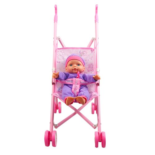 בובת תינוק עם עגלת טיולון ניתנת לקיפול - סגול