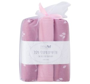 שלישיית חיתולי פלנל מעוצבים 100% כותנה בשקית טול - סגול עלים וורוד