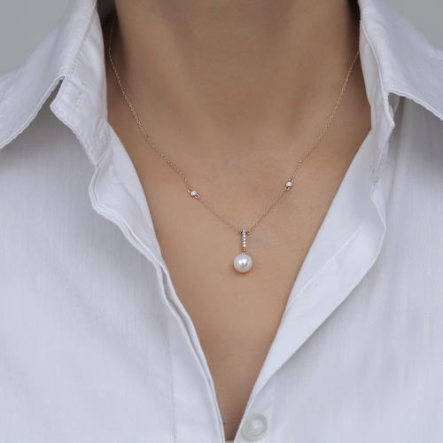 שרשרת פנינה ויהלומים זהב 14k