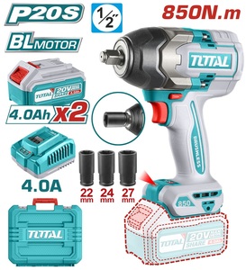 סט מברגה בראשלס מפתח רטיטה (850NM) כולל סוללות 4Ah ומטען TOTAL