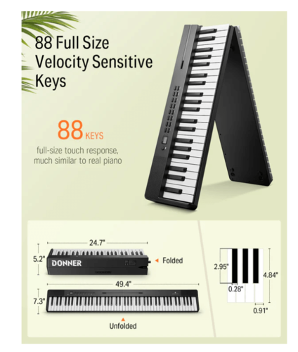 פסנתר חשמלי מתקפל נטען 88 קלידים DP10 עם אלמנט הטאץ' + חיבור BLUETOOTH כולל תיק ופדל ססטיין EC6856 מבית DONNER