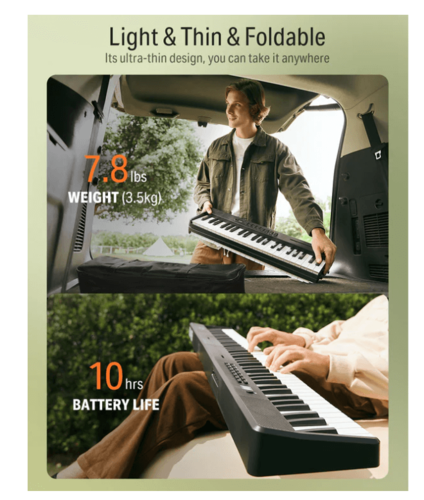 פסנתר חשמלי מתקפל נטען 88 קלידים DP10 עם אלמנט הטאץ' + חיבור BLUETOOTH כולל תיק ופדל ססטיין EC6856 מבית DONNER