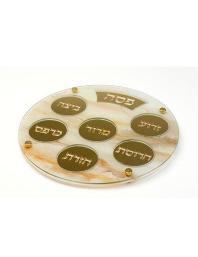 קערת ליל הסדר אקריליק גוון שיש עם ריקועי מתכת זהב