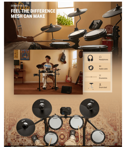 ערכת מערכת תופים אלקטרונית DED80 + כסא אוזניות ומקלות תופים EC3414 מבית DONNER