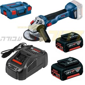גוף משחזת זווית נטענת "4.5 בראשלס GWS 18V-10 EC (115 מ"מ) + זוג סוללות 5Ah + מטען + מזוודה LBOXX   