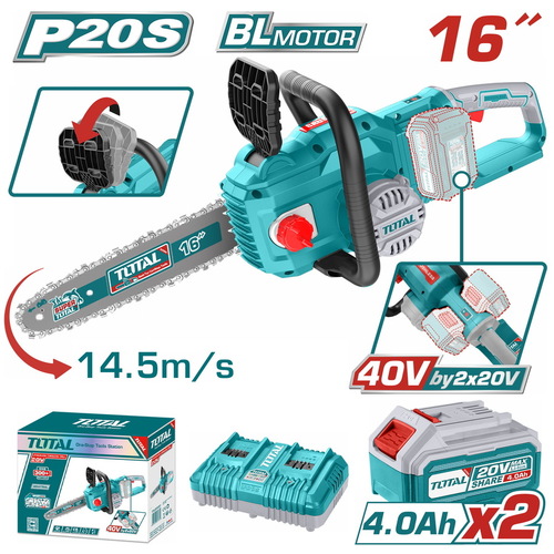 סט מסור שרשרת ''16 נטען 20V כולל זוג סוללות 4Ah ומטען כפול TOTAL