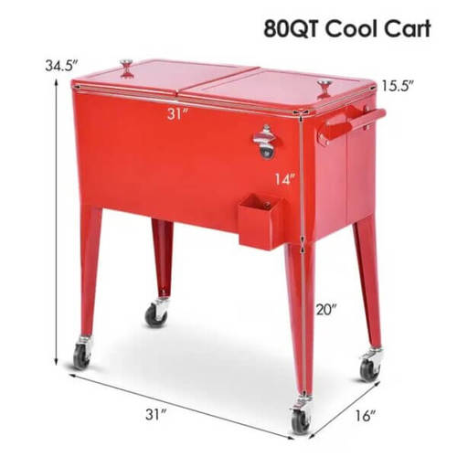צידנית Retro Cooler אדומה 76L - צידנית ניידת בעיצוב רטרו עם גלגלים ופותחן בקבוקים מובנה