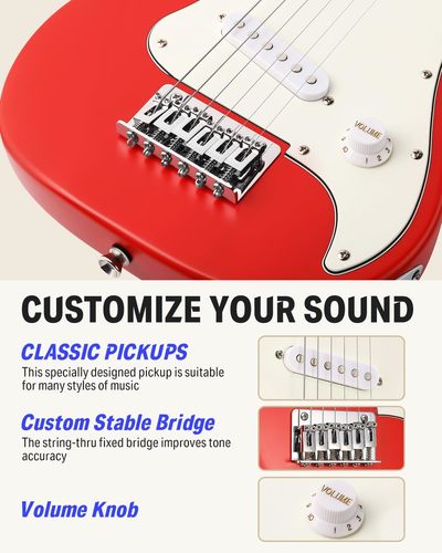 חבילת גיטרה חשמלית מותאמת לילדים DSJ100 בצבע אדום + תיק + מגבר + מגוון מוצרים נלווים EC1376 מבית DONNER