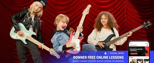 חבילת גיטרה חשמלית מותאמת לילדים DSJ100 בצבע אדום + תיק + מגבר + מגוון מוצרים נלווים EC1376 מבית DONNER