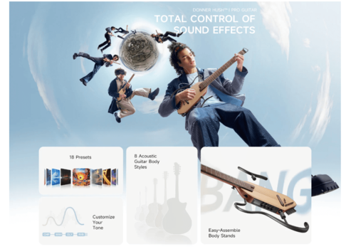 ערכת גיטרה שקטה אקוסטית-חשמלית עם אפקטים מובנים HUSH I PRO בצבע חום בהיר EC6866 | גיטרה לטיולים מבית DONNER