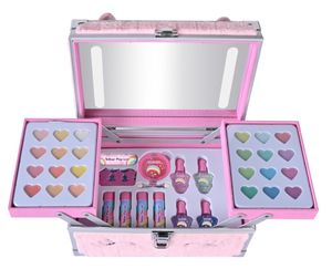 סט איפור לילדות (בטוח לשימוש) במזוודה קשיחה פרוותית דו קומתית 36 אביזרים עם מראה ותאורה - חד קרן פרווה