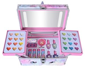 סט איפור לילדות (בטוח לשימוש) במזוודה קשיחה פרוותית דו קומתית 36 אביזרים עם מראה ותאורה - חד קרן קשת בענן