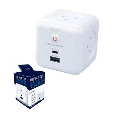 מפצל CUBE OMEGA עם 4 שקעים, יציאות USB ו-TYPE-C בעיצוב קומפקטי לבן