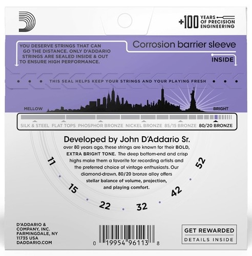 זוית נוספת D'Addario 11-52 Custom Light Acoustic Guitar Strings