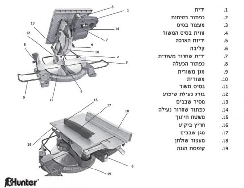 מסור גרונג חשמלי 254 ממ עם שולחן עליון Hunter 100613-004 1600W