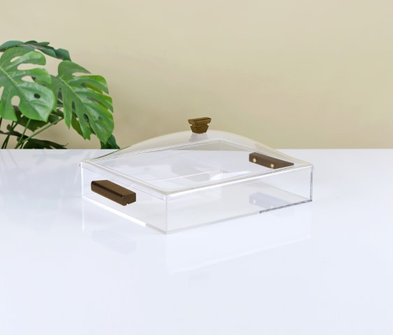 קופסא אקריל מלבנית עם ידיות עץ ומכסה - 36.5*26*14 ס"מ -Y.C.032590