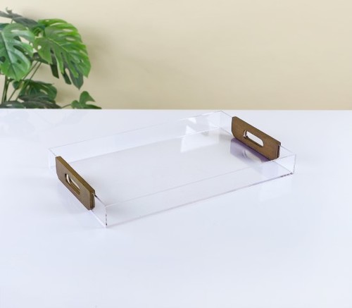 מגש מלבני אקריל עם ידיות עץ - 48.5*31*5 ס