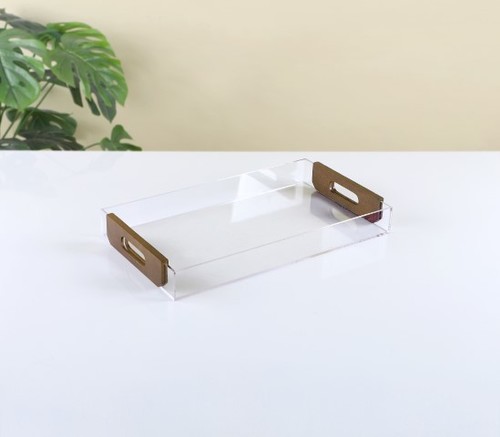 מגש מלבני אקריל עם ידיות עץ - 43*25*5 ס