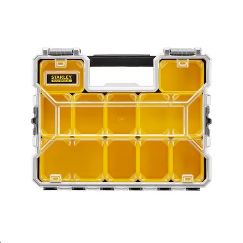 ארגונית כלים STANLEY FATMAX דגם STA197519 עם מכסה שקוף, 10 תאים נשלפים ותפסני צד לנעילה, מוצגת בזווית פתוחה להדגמת מערכת האחסון.ה