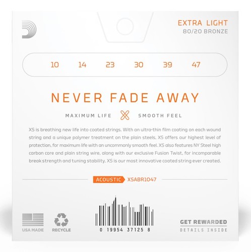 זוית נוספת D'Addario XS 10-47 Extra Light 80/20 Bronze Coated Acoustic Guitar Strings