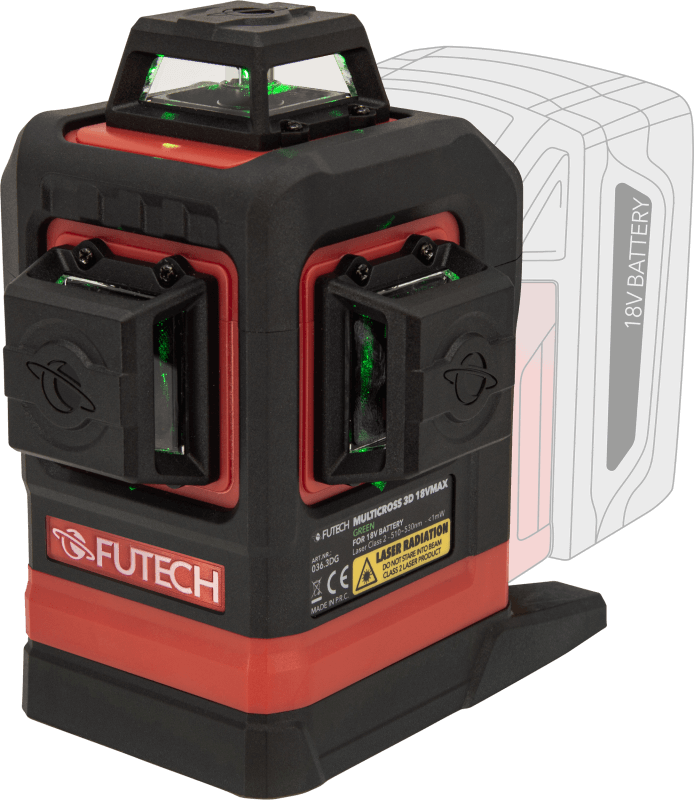 מאזנת / פלס לייזר 3D ירוק 50-100 מטר FUTECH MC 3DG 18V MAX – תואם לסוללות 18V של כל המותגים, כולל מתאם לבחירה