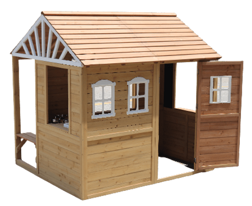 בית עץ לחצר עם ספסלי ישיבה, מטבח מובנה (עם כיור פעיל) דלת כניסה וחלון הגשה