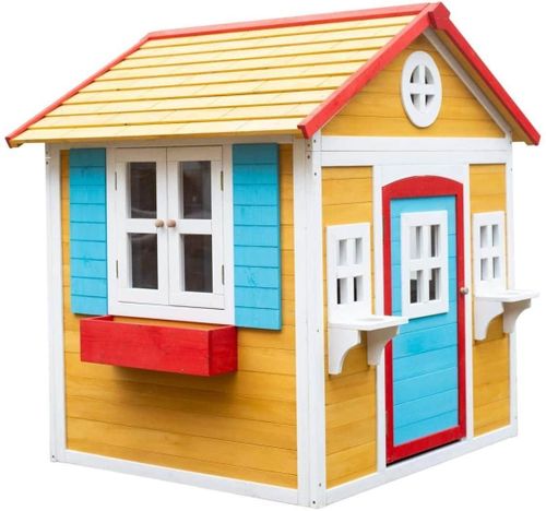 בית עץ לחצר או מרפסת עם דלת וחלונות