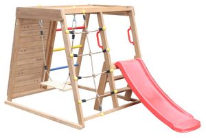 מתקן חצר משולב נדנדה, קיר טיפוס, מגלשה וסולם חבלים