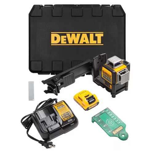 פלס לייזר DEWALT 12V עם קרן ירוקה ו-3 קווי 360 מעלות לכיסוי מושלם