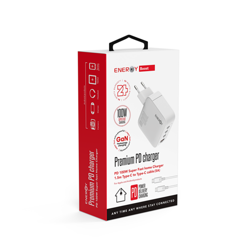 מטען בית ENERGY Premium 3C+1QC PD100W with C to C 1.5M cable לבן