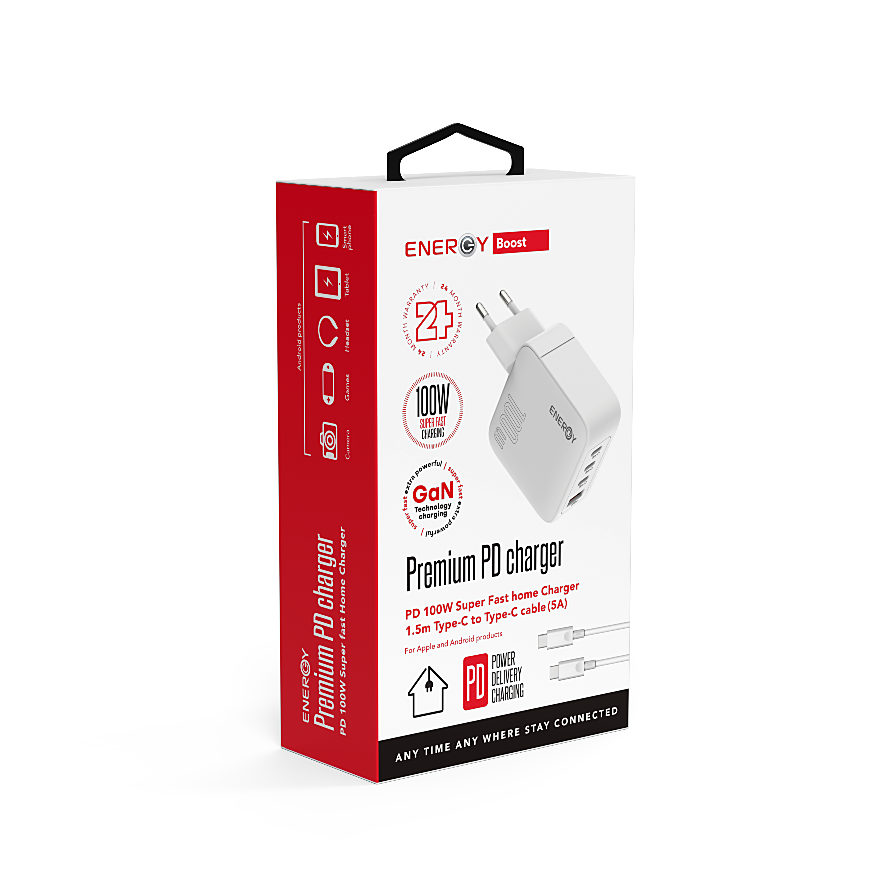 מטען בית ENERGY Premium 3C+1QC PD100W with C to C 1.5M cable לבן