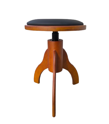 כסא פסנתר עגול מתכוונן PRB-20 בעיצוב ייחודי בצבע חום מט ומושב דמוי עור בצבע שחור מבית LEGRAND