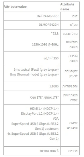 מסך מחשב 24 אינץ' חוויית צפייה אופטימלית Dell P2422H
