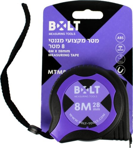 מטר מדידה מגנטי BOLT 8 מטר עם סרט פלדה מחוזק וסימונים על רקע צהוב