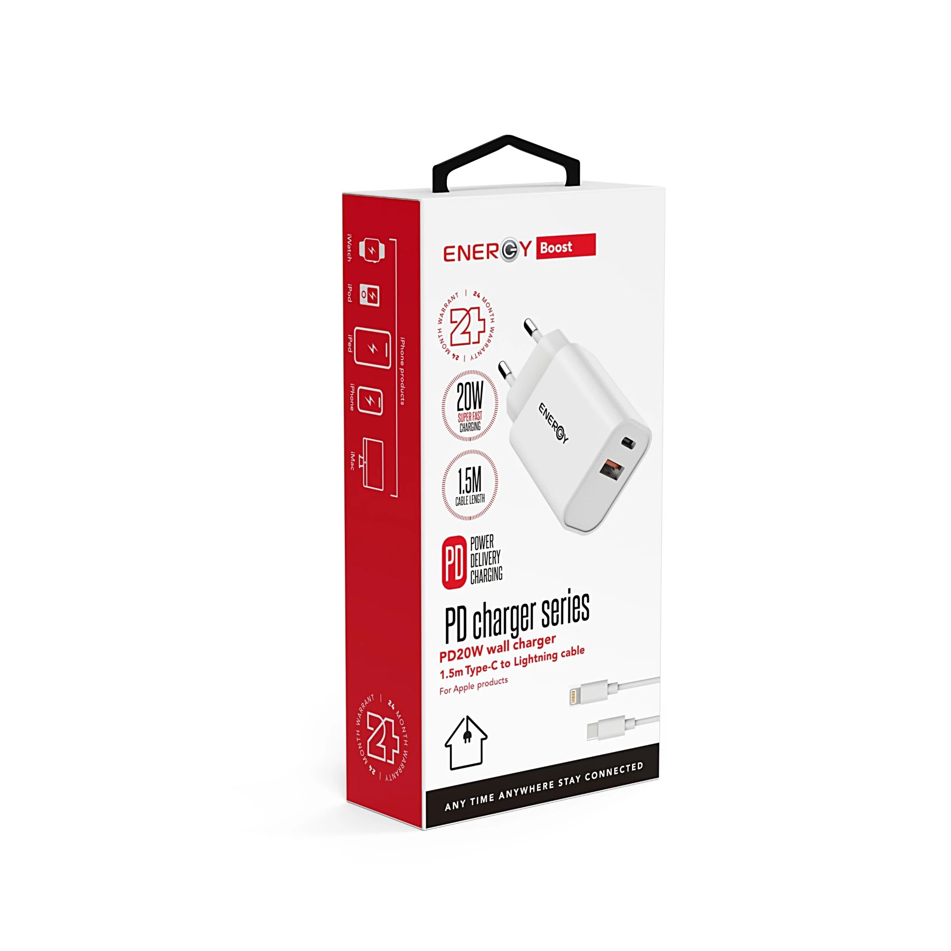 מטען בית ENERGY 20W PD&QC3.0 + כבל Type-C to Lightning באורך 1.5 מטר