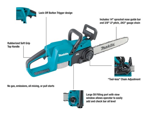 מסור שרשרת Makita XCU11Z נטען 18V עם להב 14 אינץ' ומנוע Brushless לעבודות גינון מקצועיות
