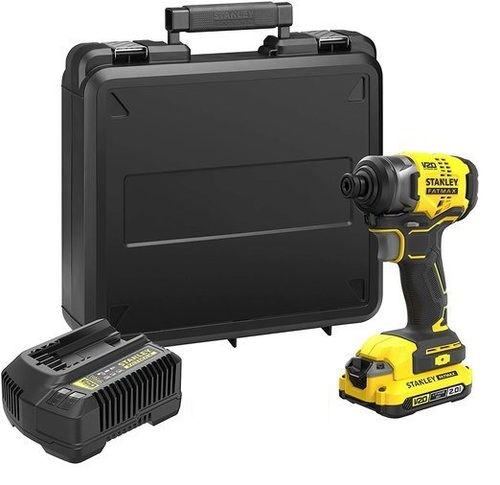 מברגה נטענת Stanley FATMAX V20 18V עם שתי סוללות 2Ah, מטען ומזוודה קשיחה לעבודה רציפה