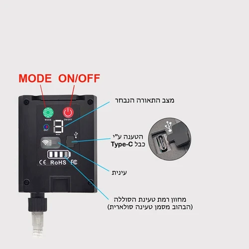 פס לד סולארי 20 מטר גוון הארה לבן חם עם טעינת USB