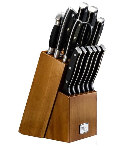 בלוק סכינים 14 חלקים הכולל 11 סכינים \ מספריים \ משחיז ידית שחורה + מעמד עץ כהה CLASSIC FOOD APPEAL 