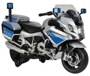 אופנוע ממונע 12V דמוי BMW נסיעה קדימה ואחורה, אורות מהבהבים ומגפון - אפור