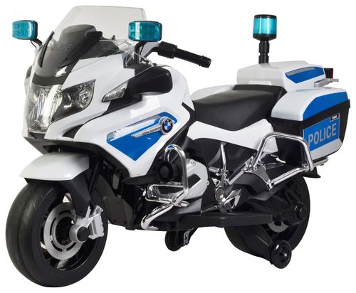 אופנוע ממונע 12V דמוי BMW נסיעה קדימה ואחורה, אורות מהבהבים ומגפון - לבן