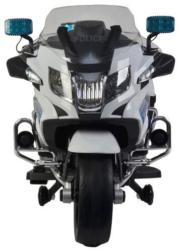 אופנוע ממונע 12V דמוי BMW נסיעה קדימה ואחורה, אורות מהבהבים ומגפון - לבן