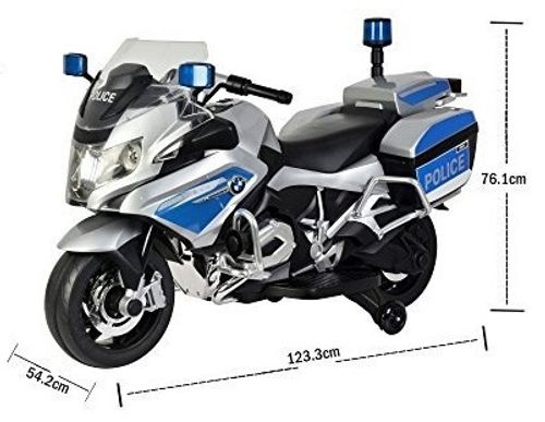 אופנוע ממונע 12V דמוי BMW נסיעה קדימה ואחורה, אורות מהבהבים ומגפון - לבן