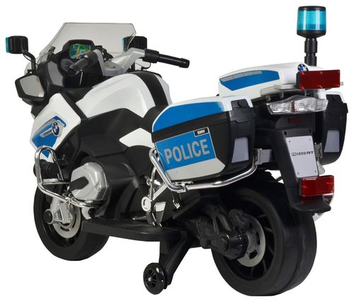 אופנוע ממונע 12V דמוי BMW נסיעה קדימה ואחורה, אורות מהבהבים ומגפון - לבן