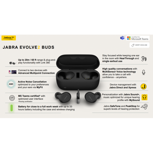 אוזניות אלחוטיות Jabra Evolve2 Buds, USB-A MS