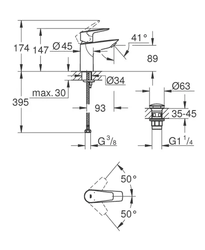 ברז רחצה נמוך גרואה BauEdge 23895001 עם גימור ניקל כרום.