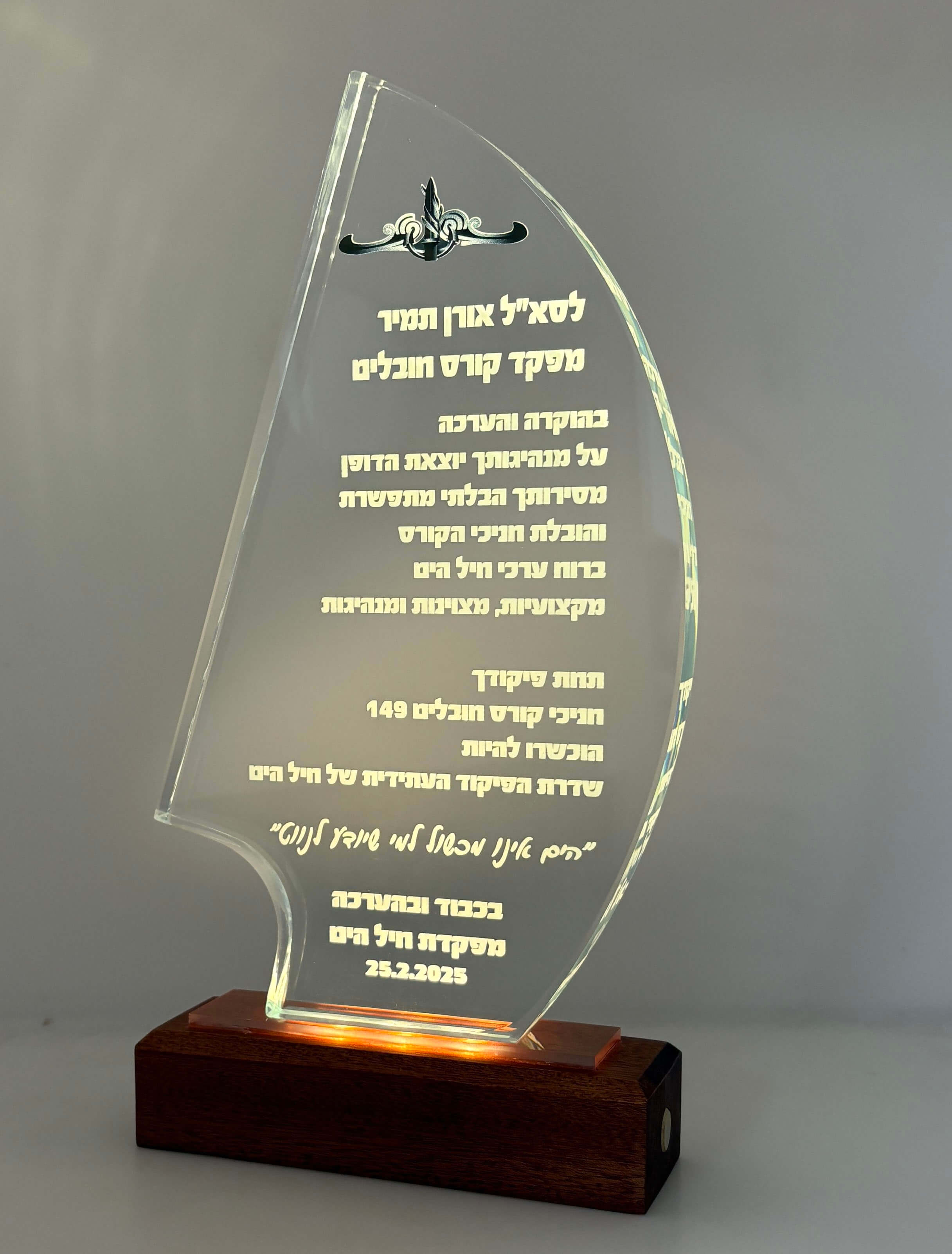מגן הוקרה יוקרתי עם תאורה על בסיס עץ