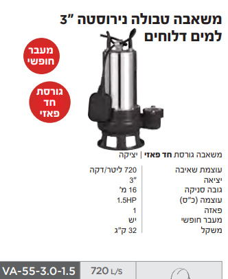 משאבה טבולה נירוסטה למים דלוחים 