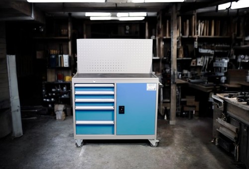 עגלת כלים משולבת 5 מגירות+ארון צבע אפור חזית מגירות בכחול ROHER TOOLS 1093719