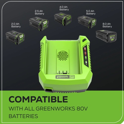 מטען מהיר GREENWORKS 80V דגם 99557 עם מאוורר מובנה וחיווי LED למצב טעינה